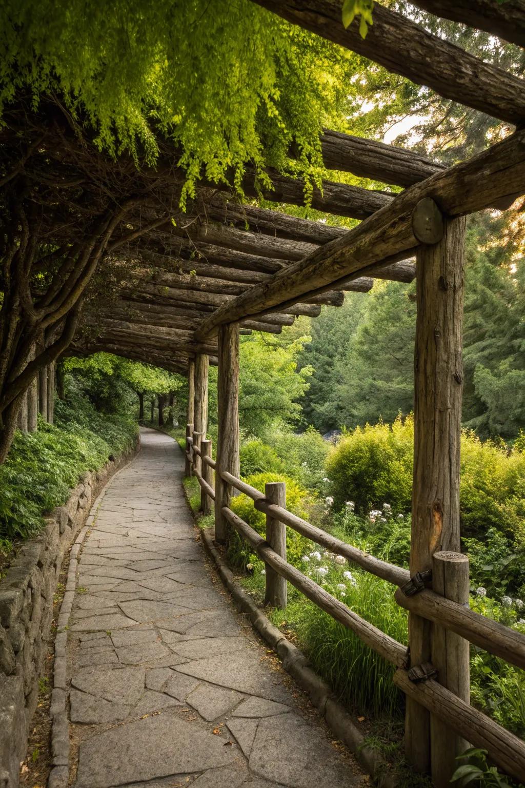 A natural log canopy over a fence creates a shaded, inviting outdoor retreat.