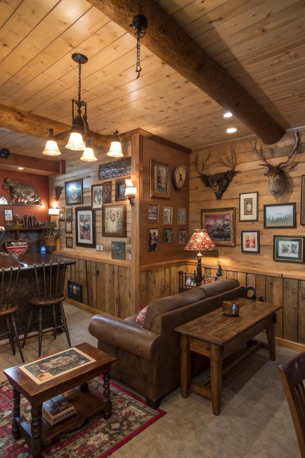 Personalized artwork pieces infuse a unique highlight to the man cave.