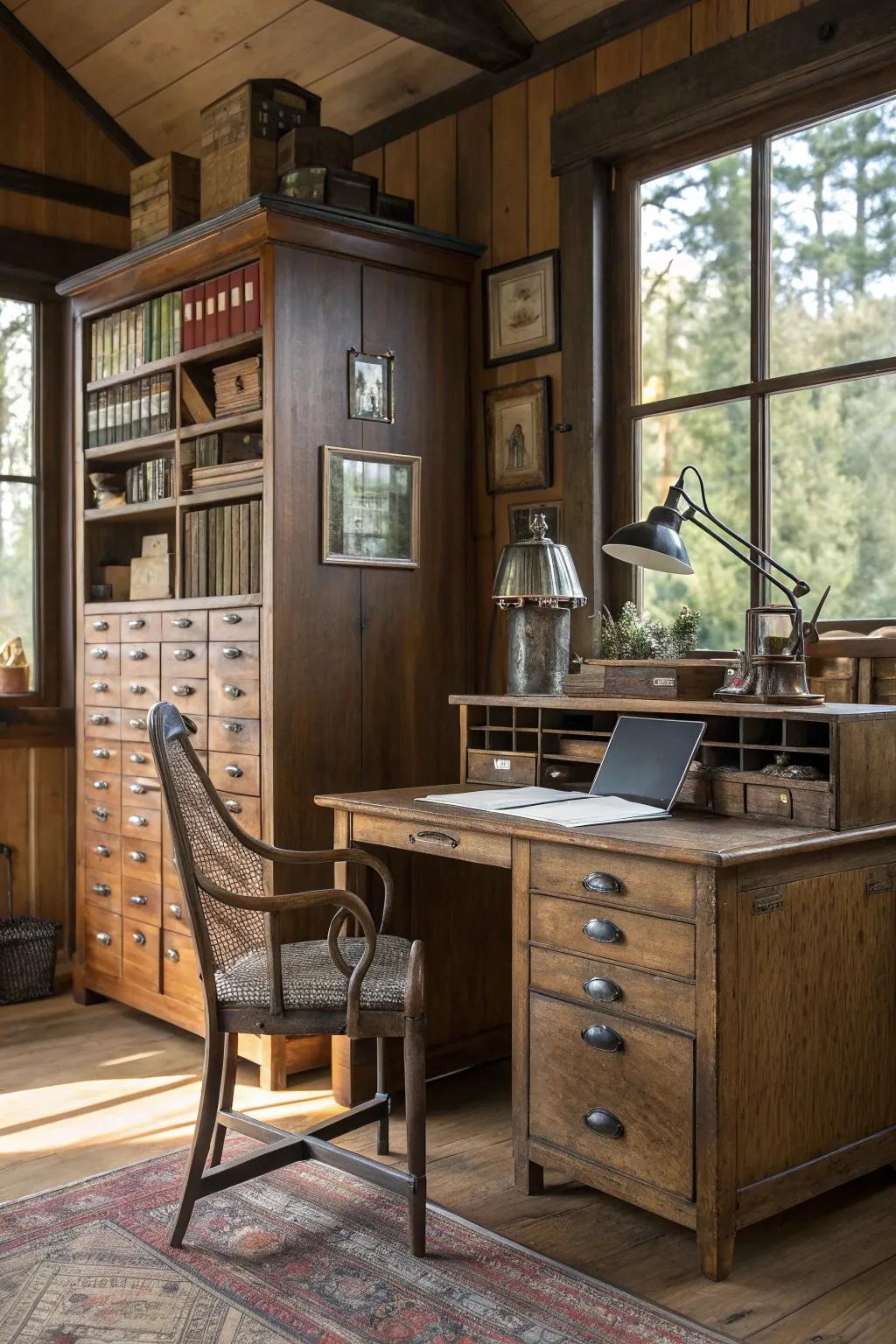 Classic storage solutions deliver panache and practicality in a country-style office.