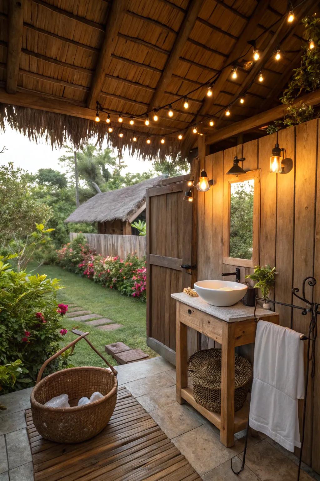 Strand lights create a magical evening ambiance.