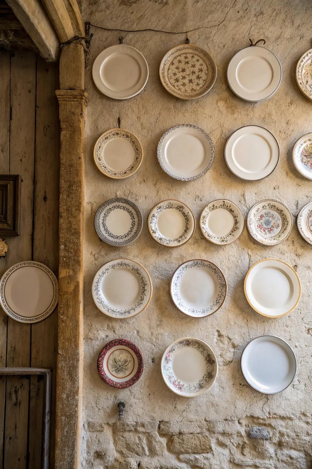 A symmetrical layout of dishes infuses polish into countryside wall decor.