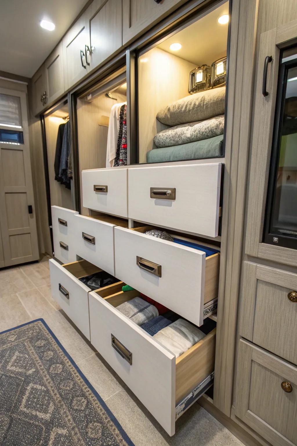 Pull-out drawers improve organization and accessibility.