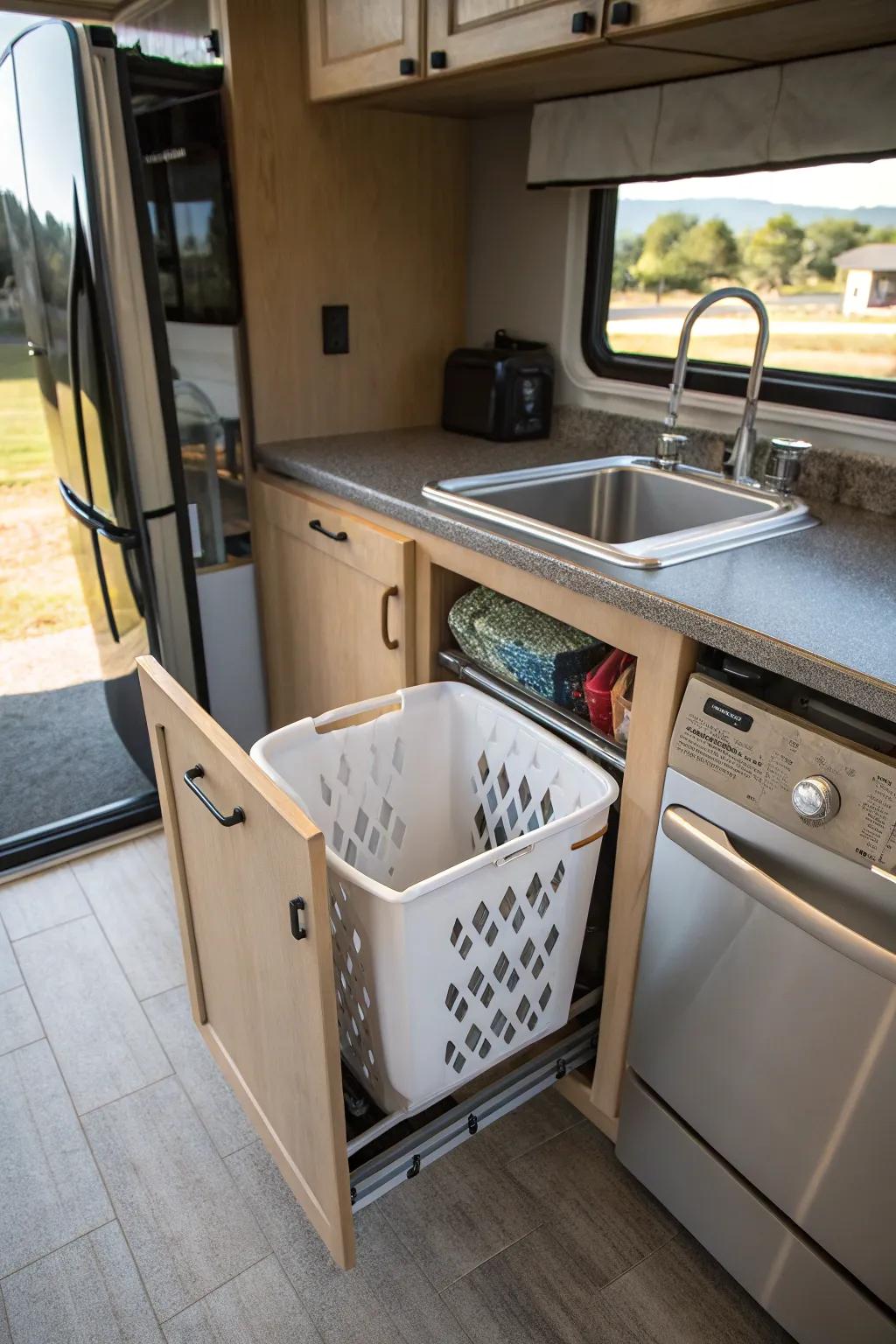 A pull-out receptacle drawer for discreet linen storage in an RV.