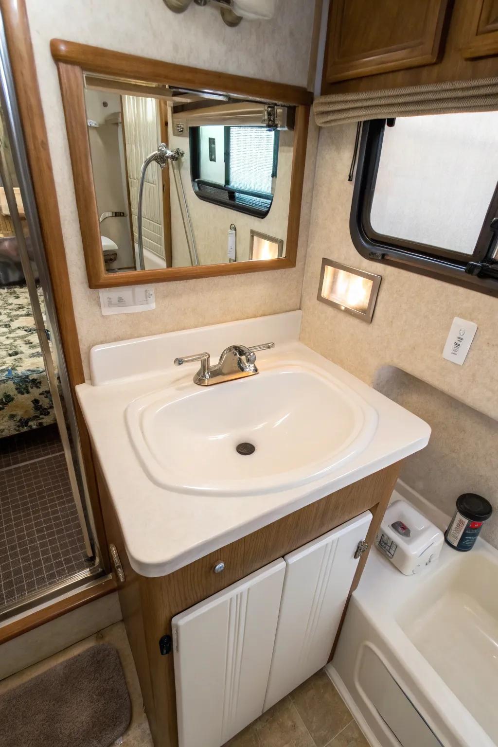 A porcelain sink offering classic appeal in an RV lavatory.