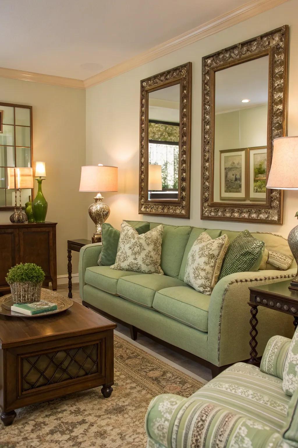 Reflective surfaces boost space and light in a sage green room.