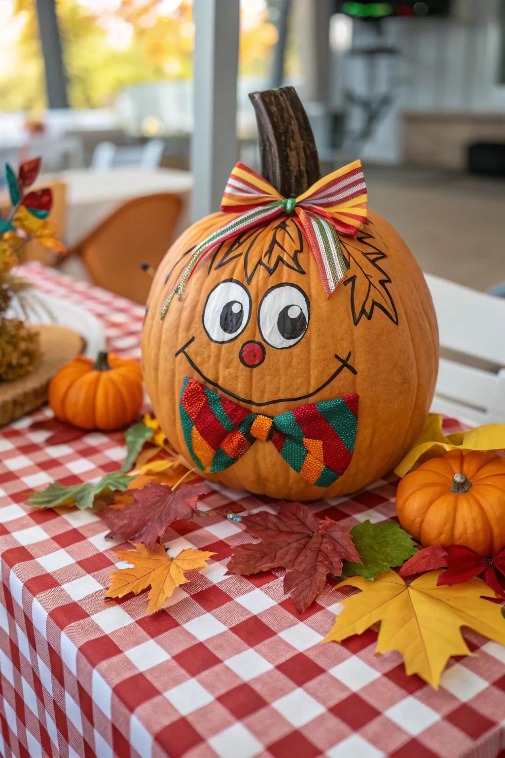 A festive bow tie dresses up the scarecrow pumpkin.