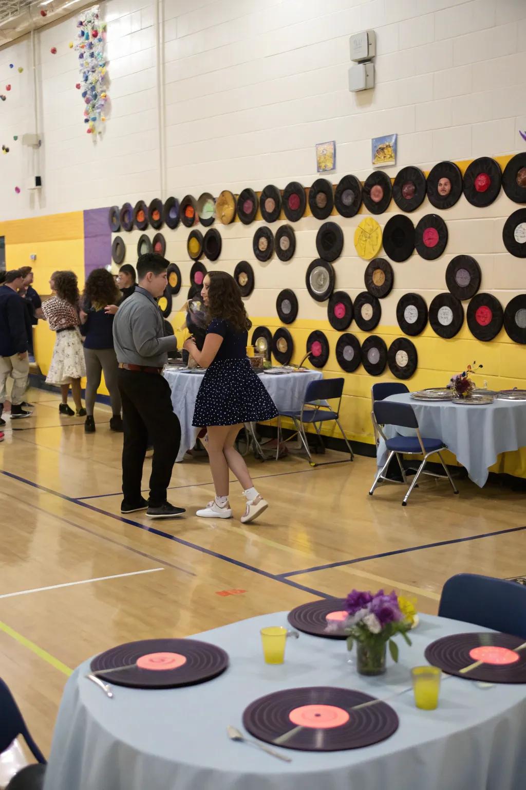 Retro allure showcasing phonograph platters as decor elements.