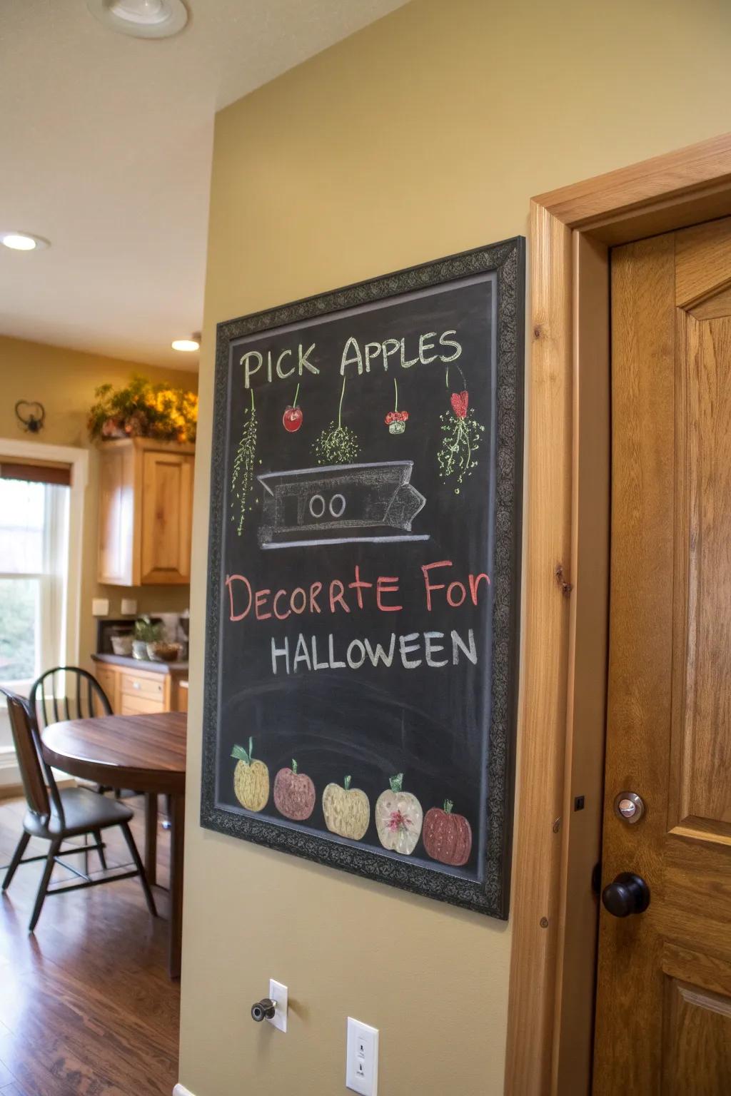 A kitchen wall featuring a chalkboard with a fall-themed chore list.