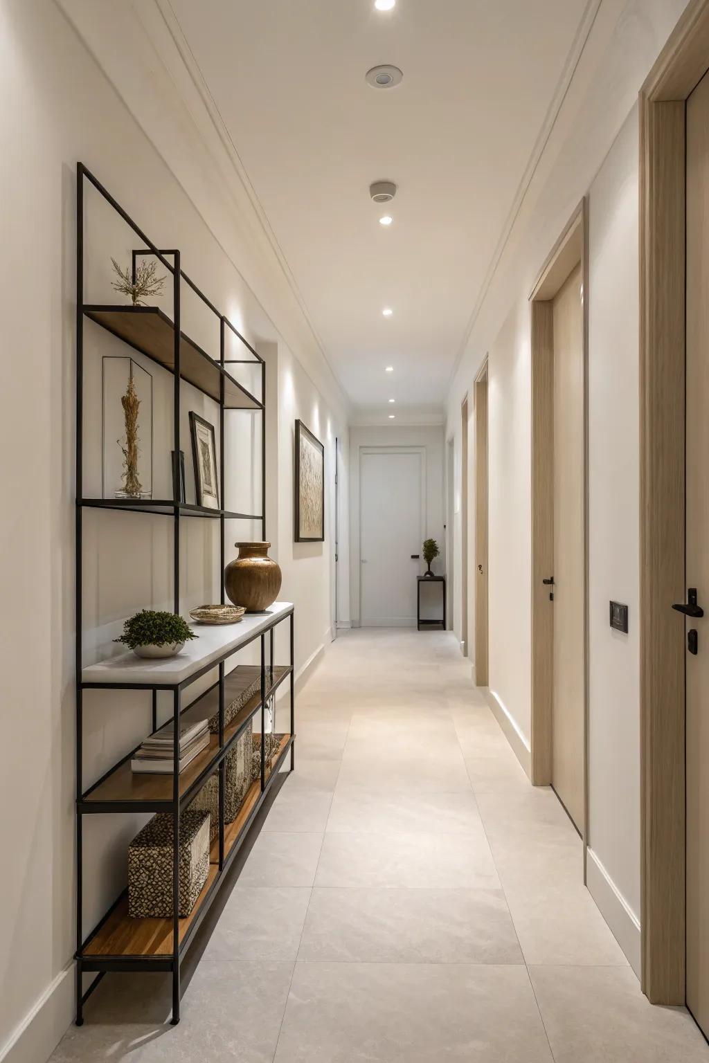Minimalist hallway with simple and uncluttered shelves.