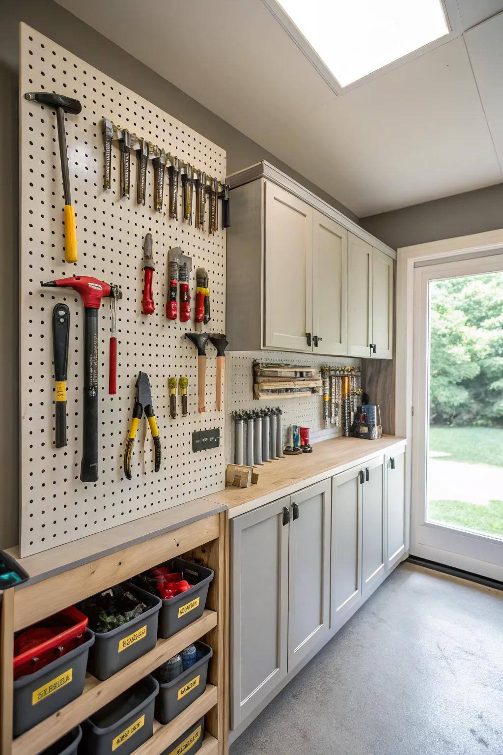 A pegboard is incorporated into utility room shelving to offer tools with adaptable and organized storage.