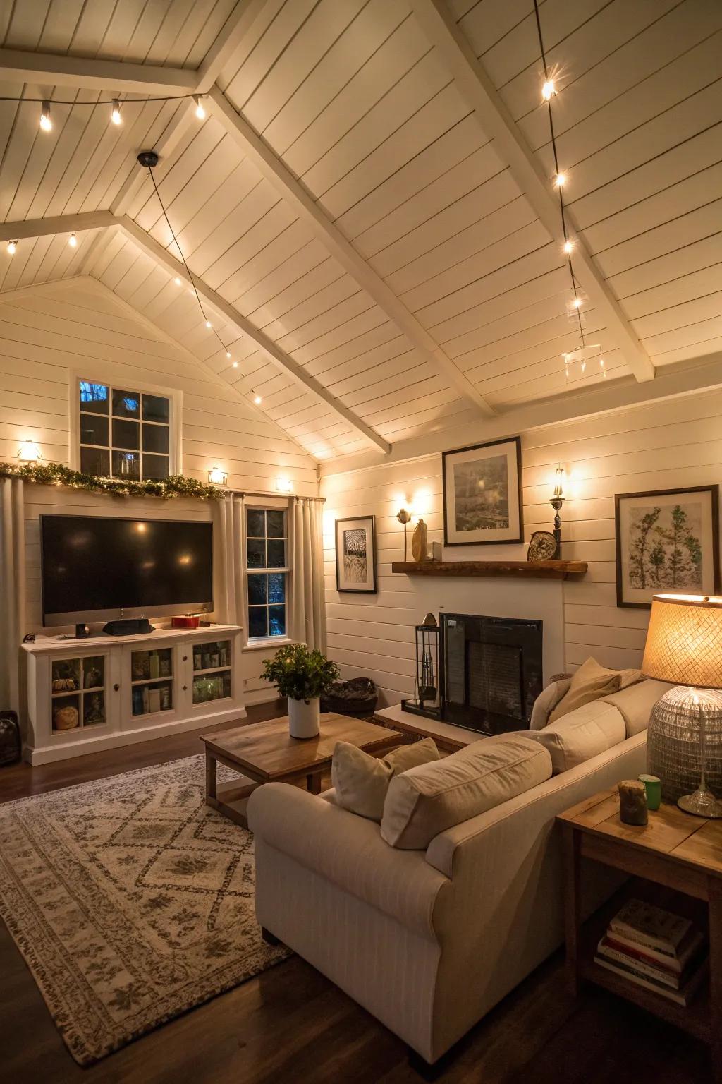 Strategic lighting that showcases the allure of a shiplap ceiling.