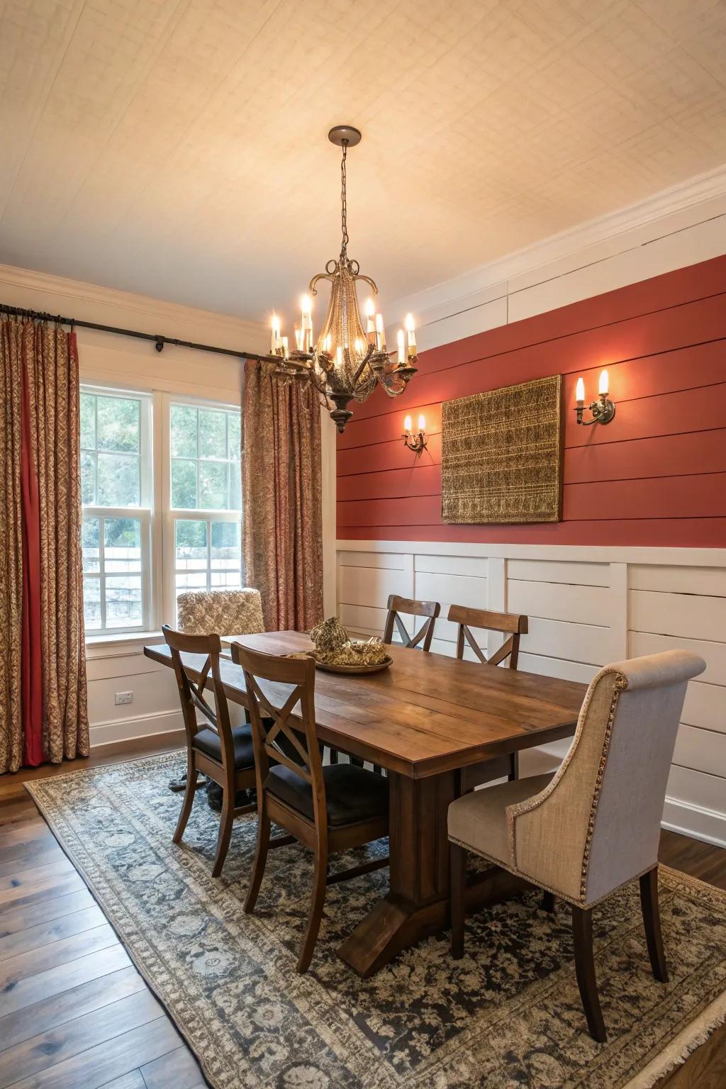 A dining room with an unique color splash and wood-panel walls.