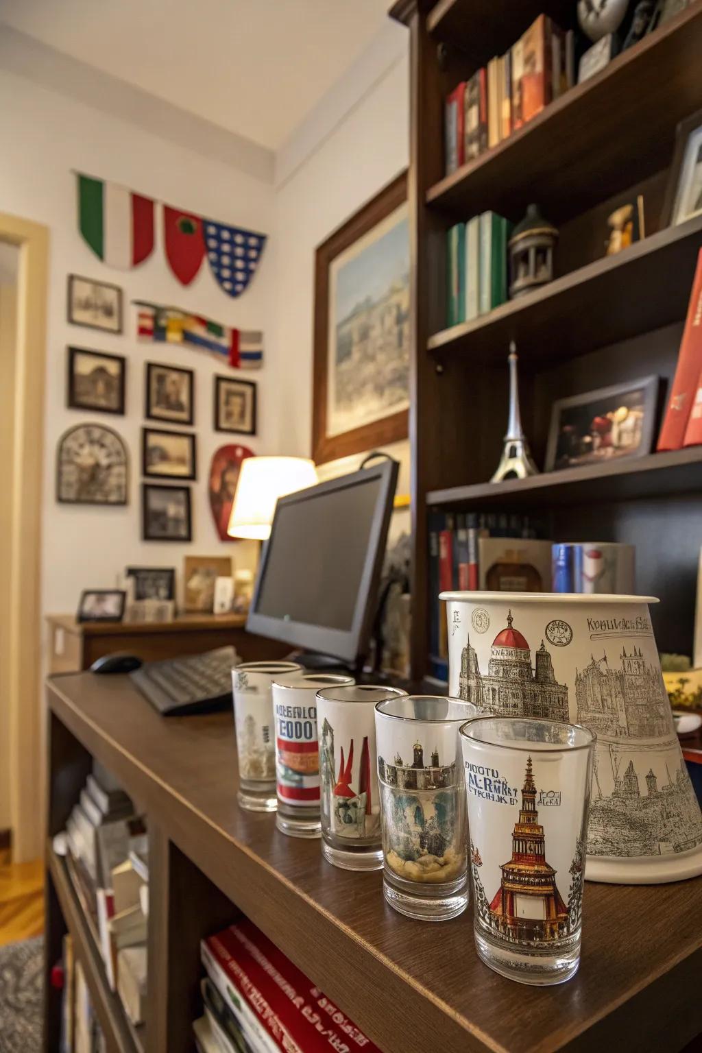 A personalized reading space showcasing an expedition-themed shot glass presentation bearing souvenirs gathered from across the globe.