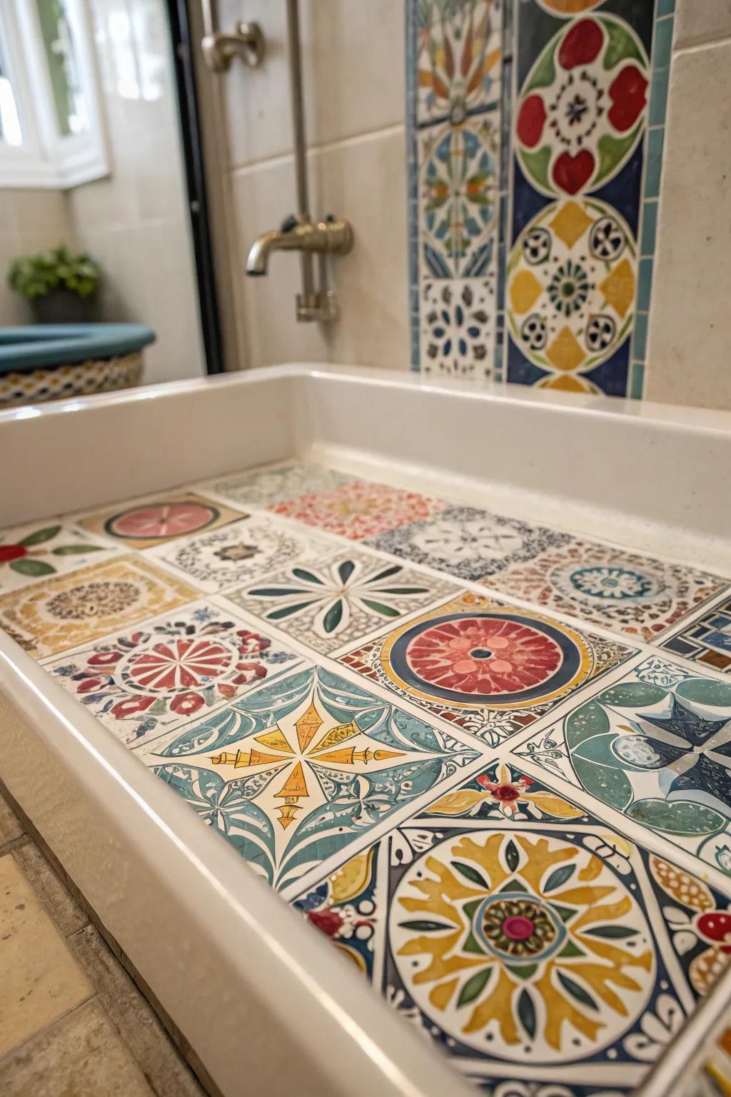 Detailed unit mosaics in various colors and shapes create a stunning feature on this shower pan.