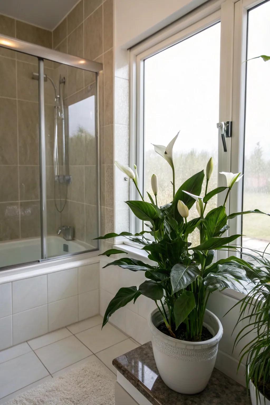 Peace lilies add elegance and purification to your bathroom.