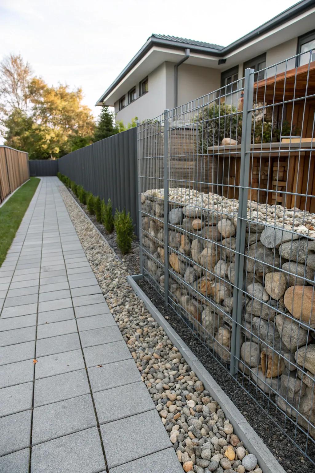 Sturdy side yard featuring gabion walls.