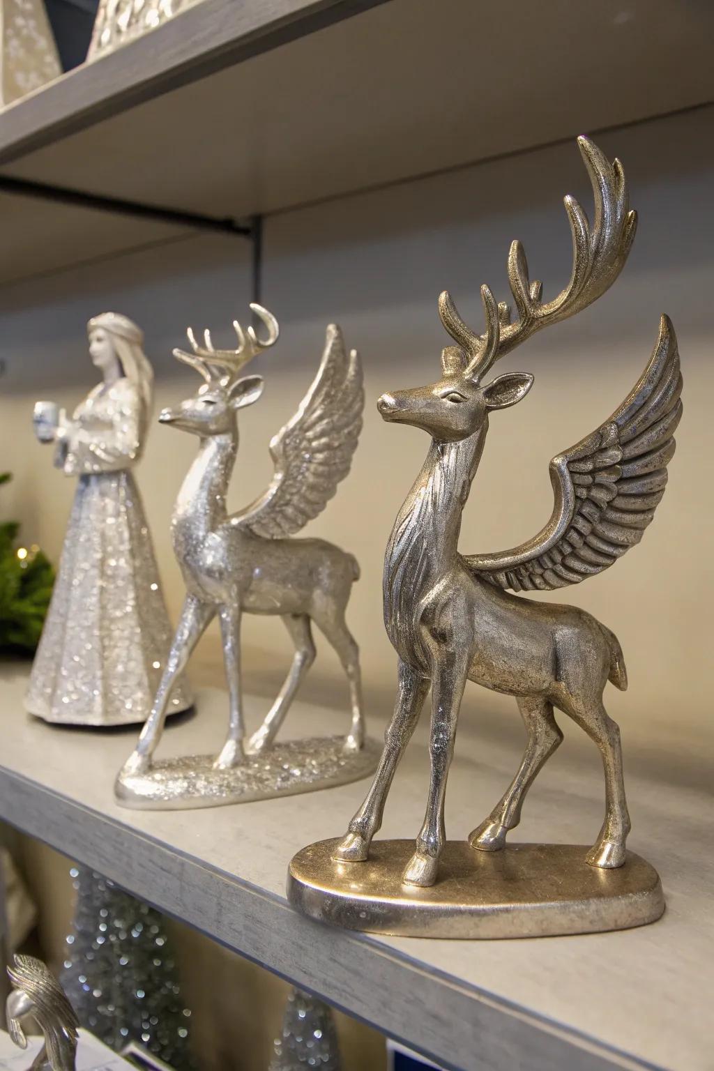 Silver statuettes introduce charm and whimsy to your holiday decor.