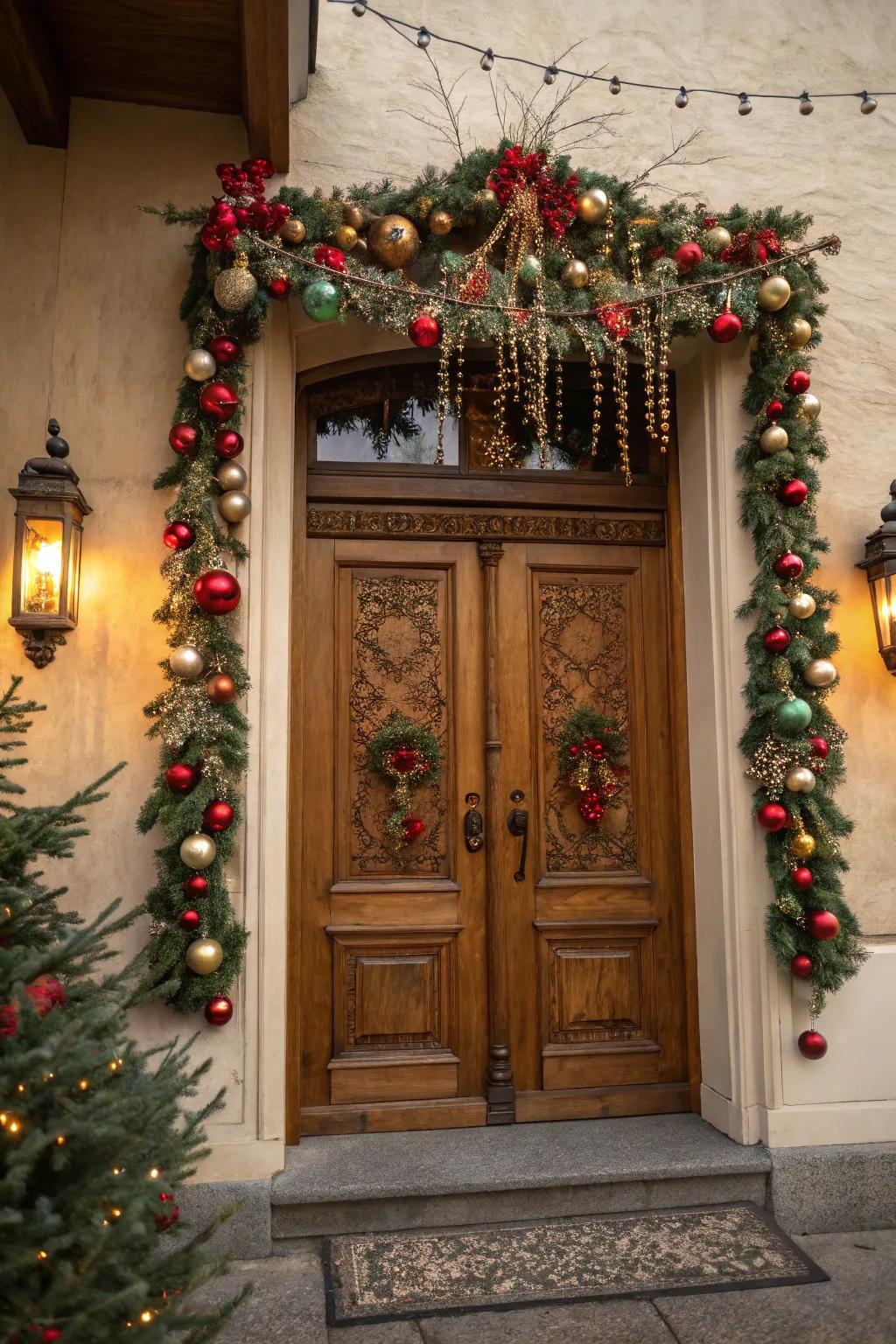 An ornament garland transports shimmer and nostalgia to the doorway.