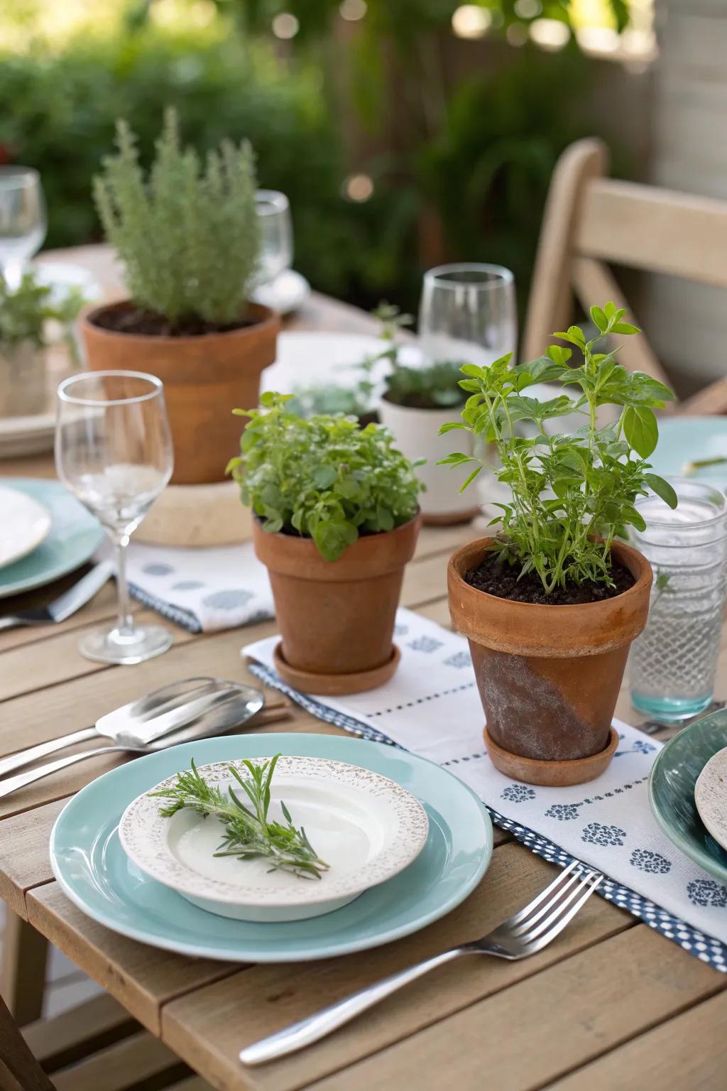 Small potted plants introduce an unexpected twist, diversifying the table's look and feel.