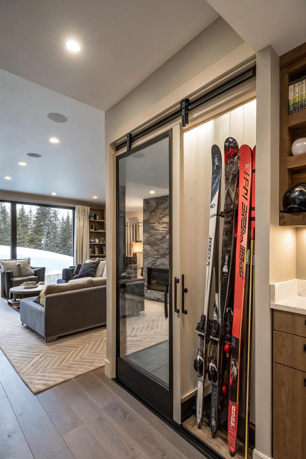 Sliding door systems provide an elegant method to hide ski storage.
