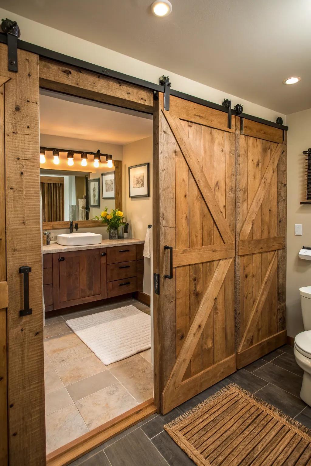 Old wood moving doors bring earth-friendly choices and charm to this bathroom.