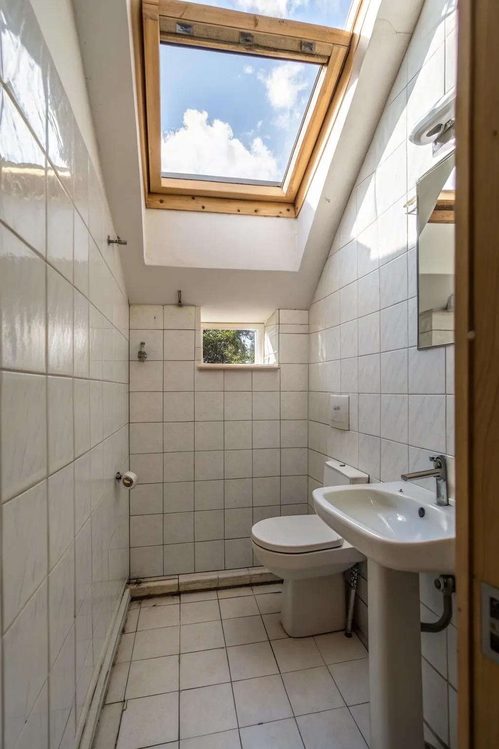 Skylights brighten bathrooms with natural light.