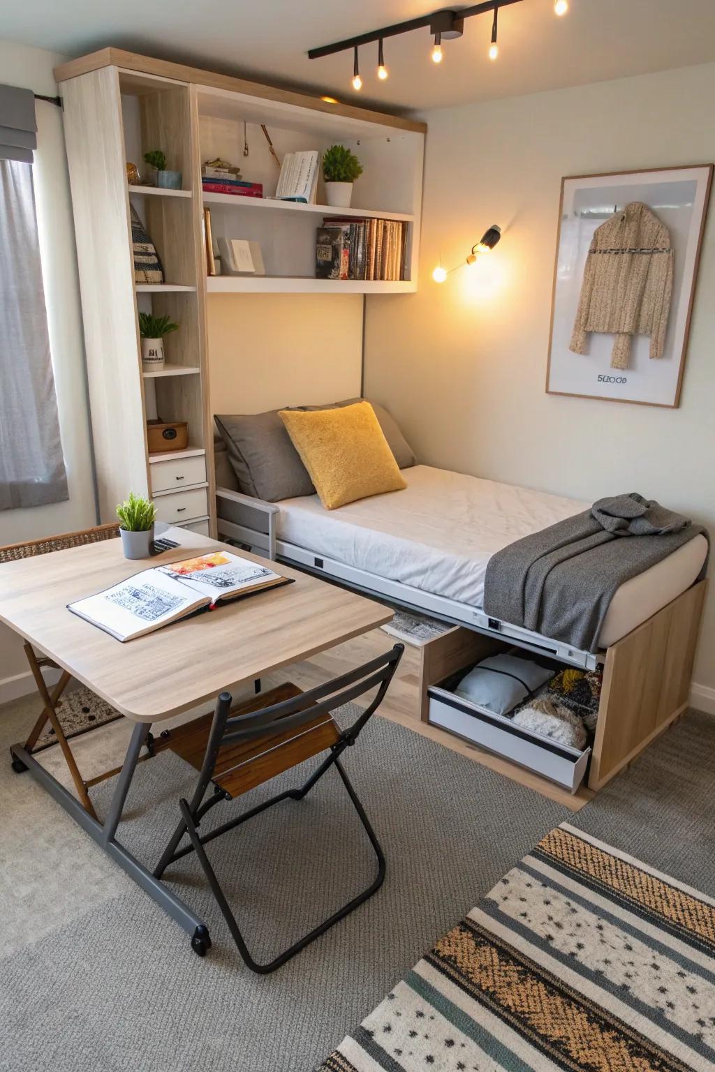 Foldable furnishings offers adaptability and space-saving.