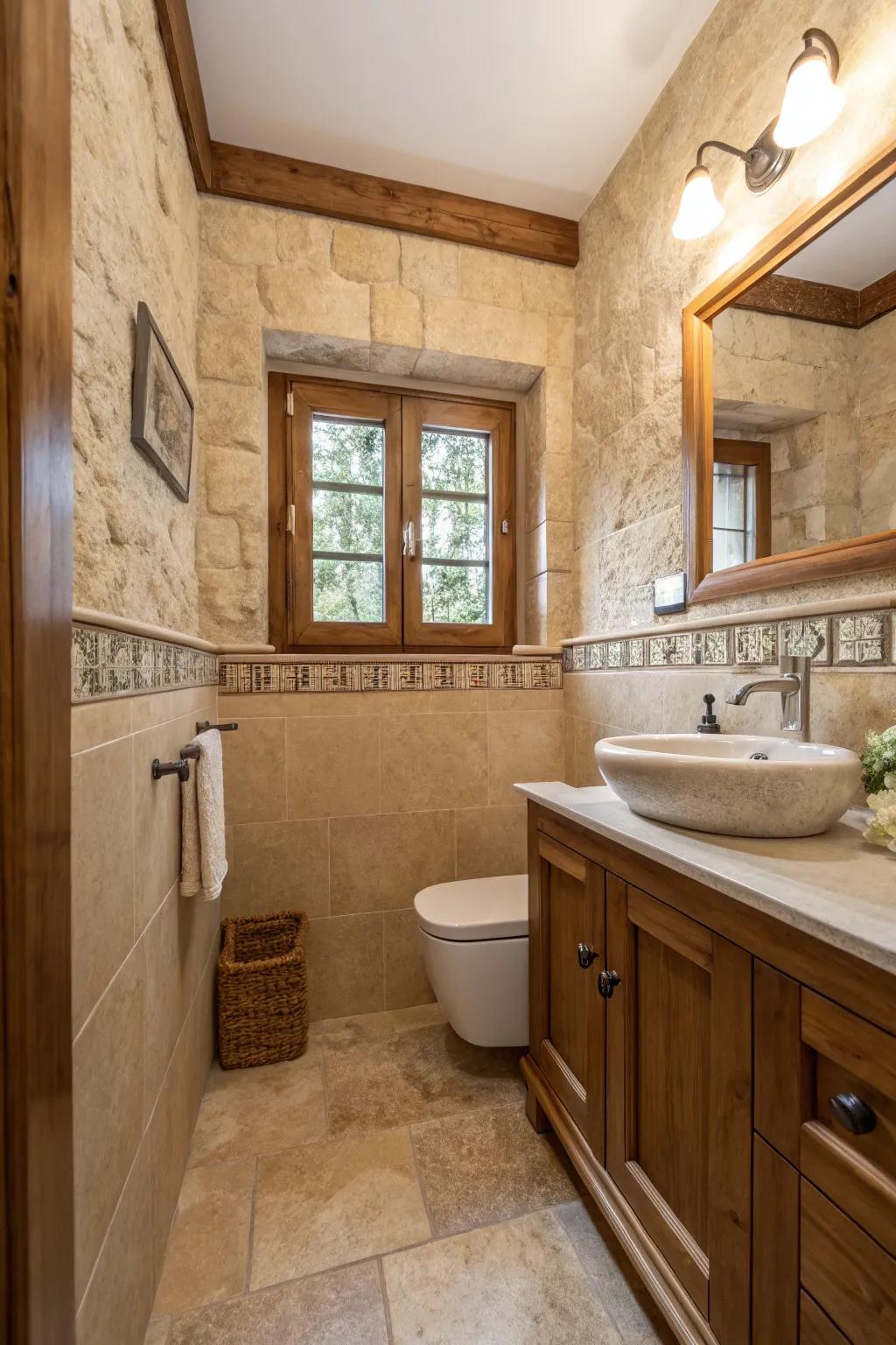 A warm small bathroom with natural materials.
