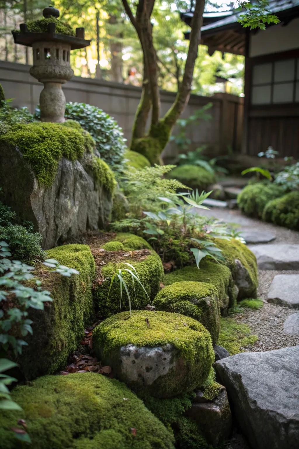 Bryophyte-covered stones introduce a magical touch to this garden.