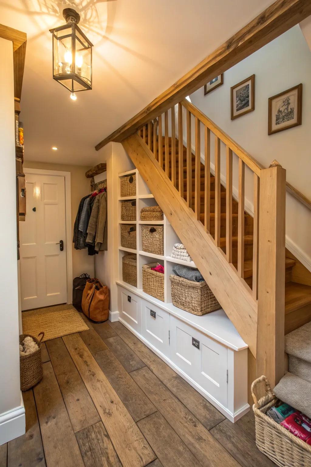 Beneath-stair storage maximizes space inside this cozy passageway.