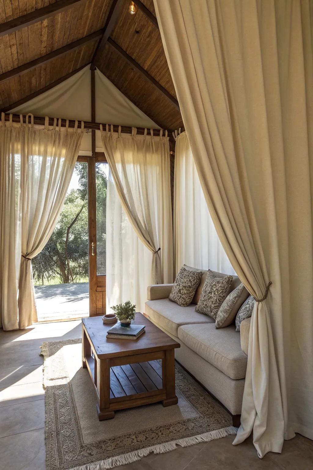High hangings create an illusion of height in a hideout.