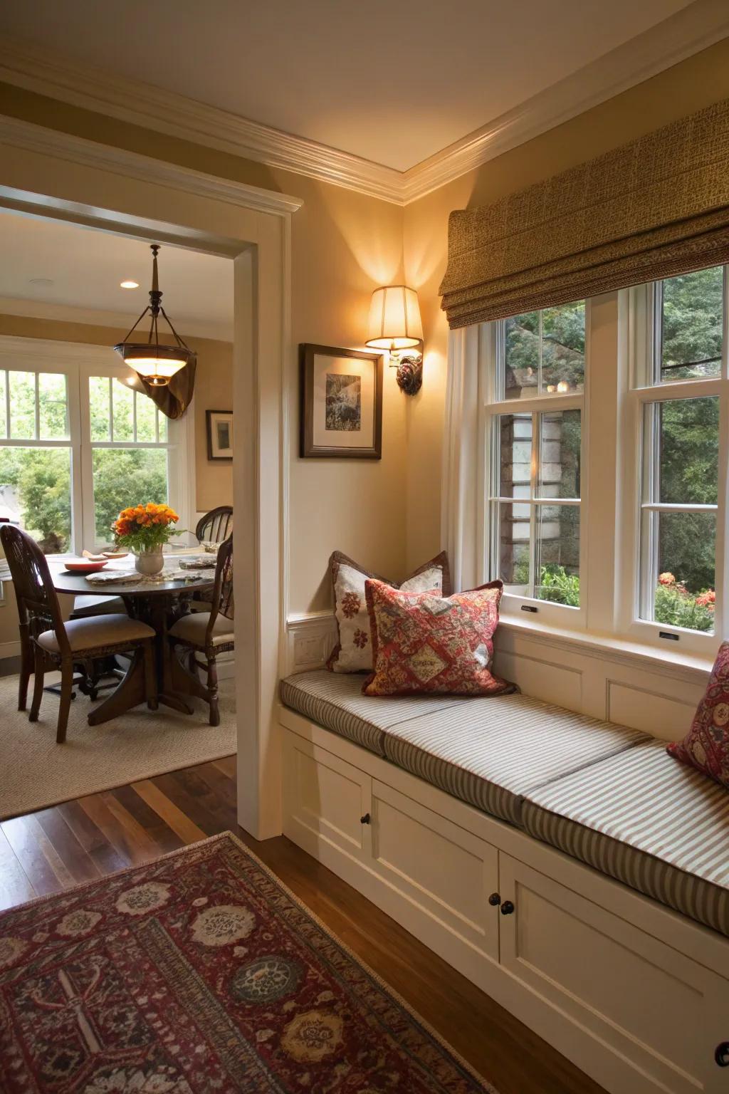 A window seat adds charm and usability to the dining room.