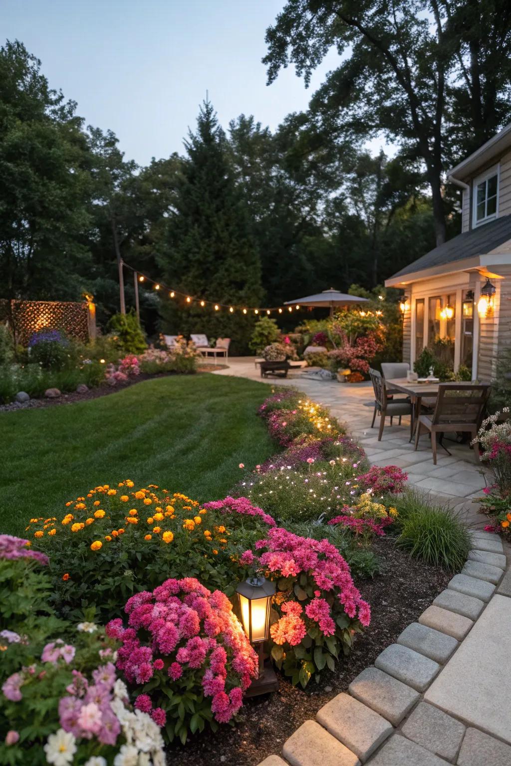 Experience twilight enchantment with garden illumination.