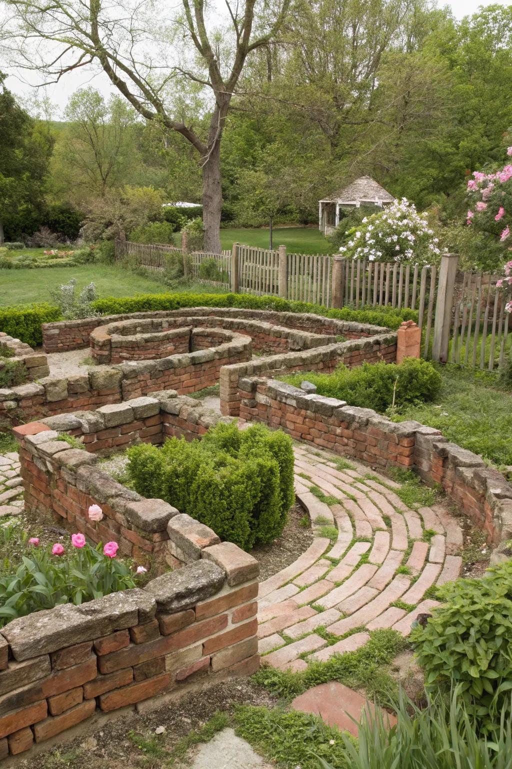 A rustic labyrinth crafted from reused materials.