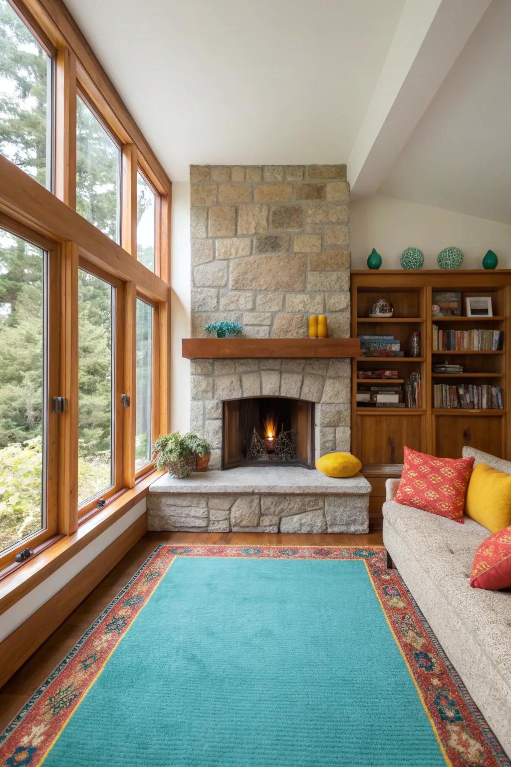 Natural brightness near the fireplace elevates the room's warmth and inviting atmosphere.