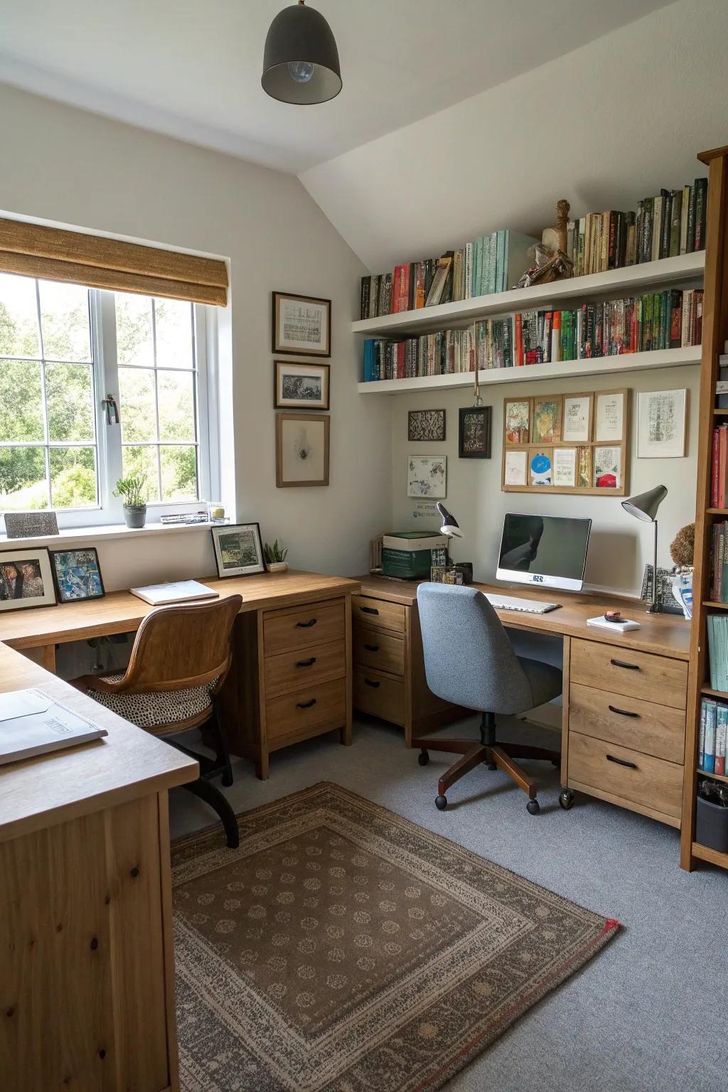 Playing around with sizes creates a dynamic balance in a small office.