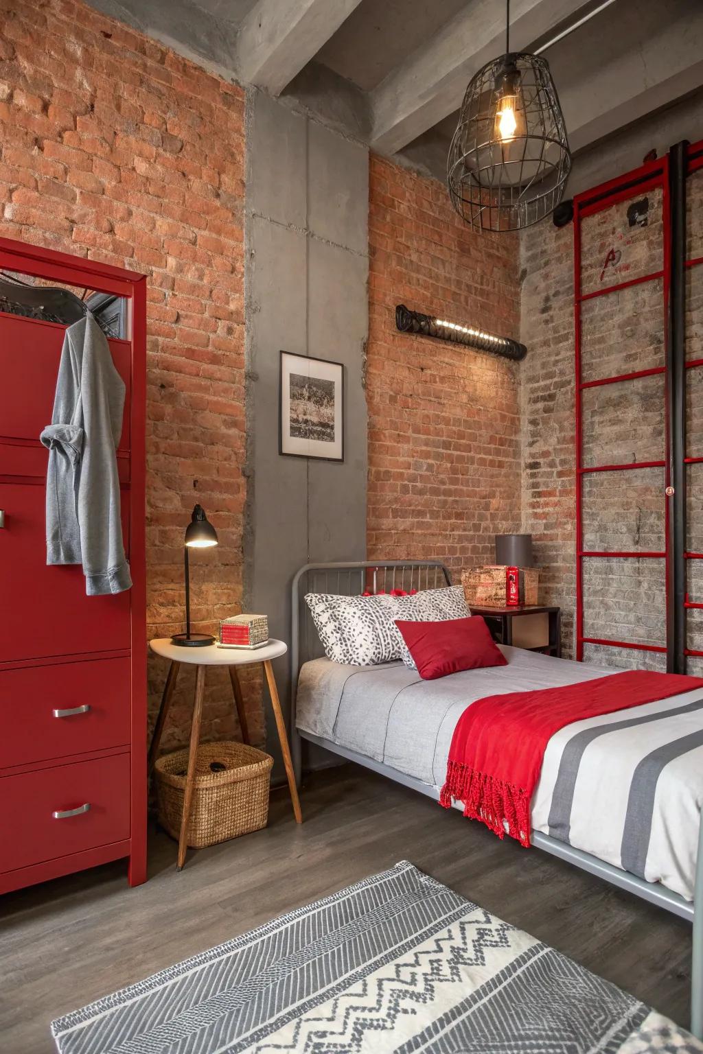 An industrial chic small bedroom with exposed brick and a scarlet and charcoal color scheme.
