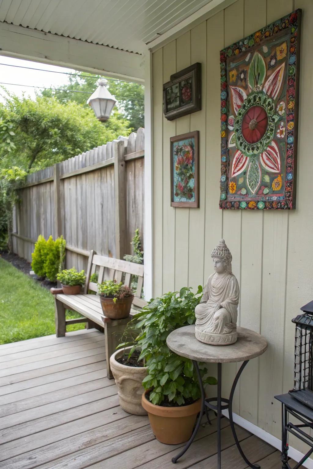 A side porch featuring a small sculpture and charming wall art.