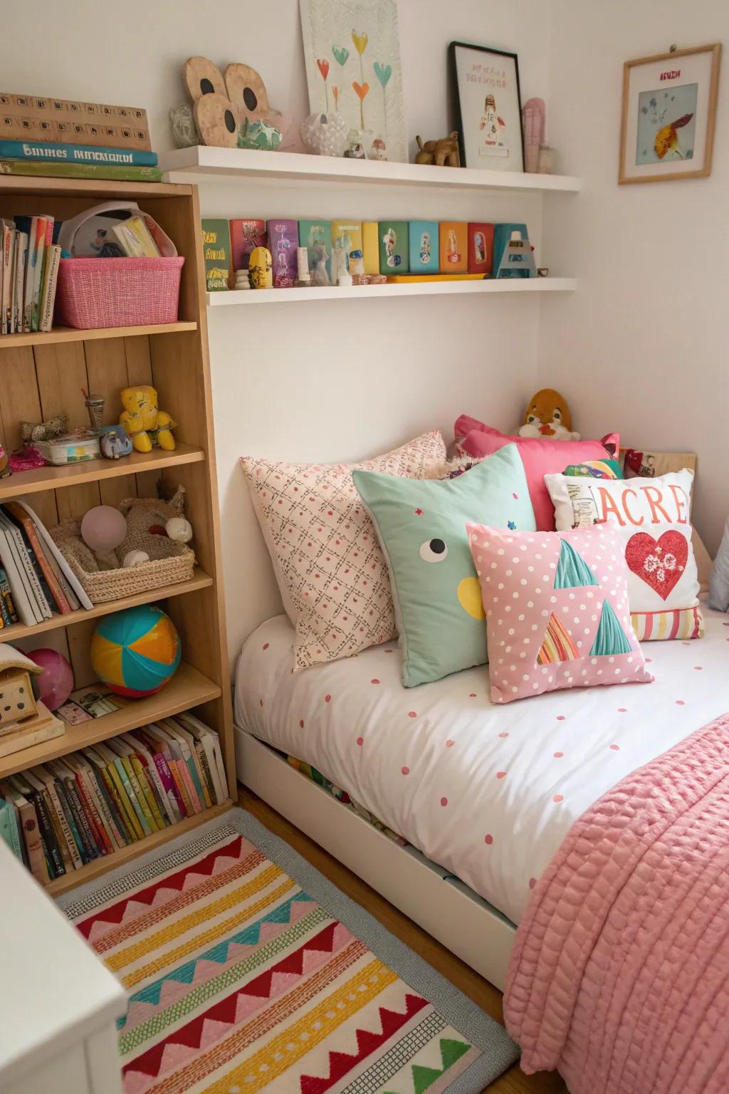 Ornamental cushions add elegance and comfort to the bed.
