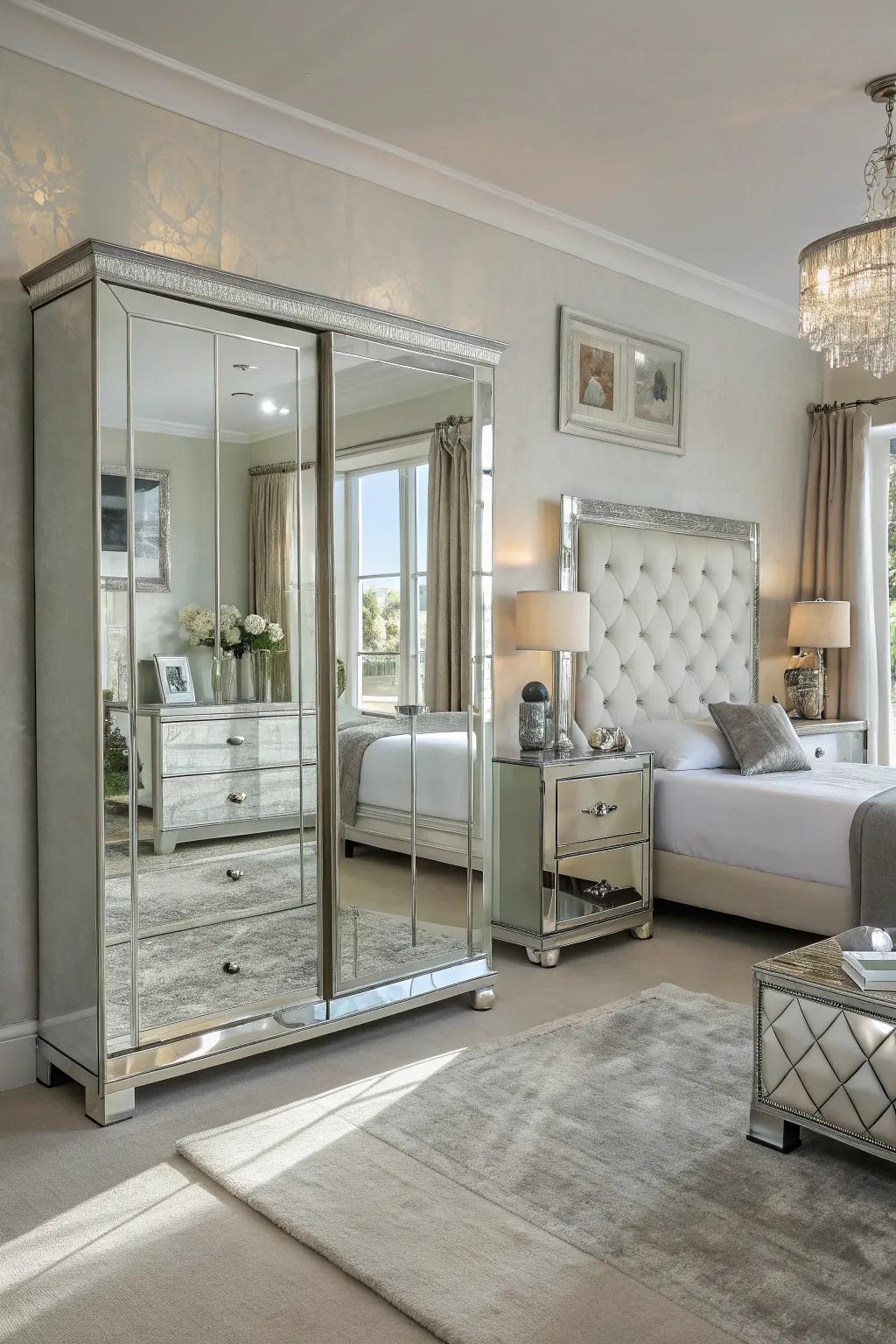 Furnishings with mirrors in a bedroom generate an illusion of extra space.