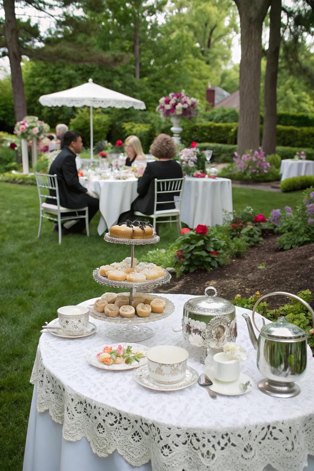 A charming garden tea party setup for a sophisticated wedding celebration.