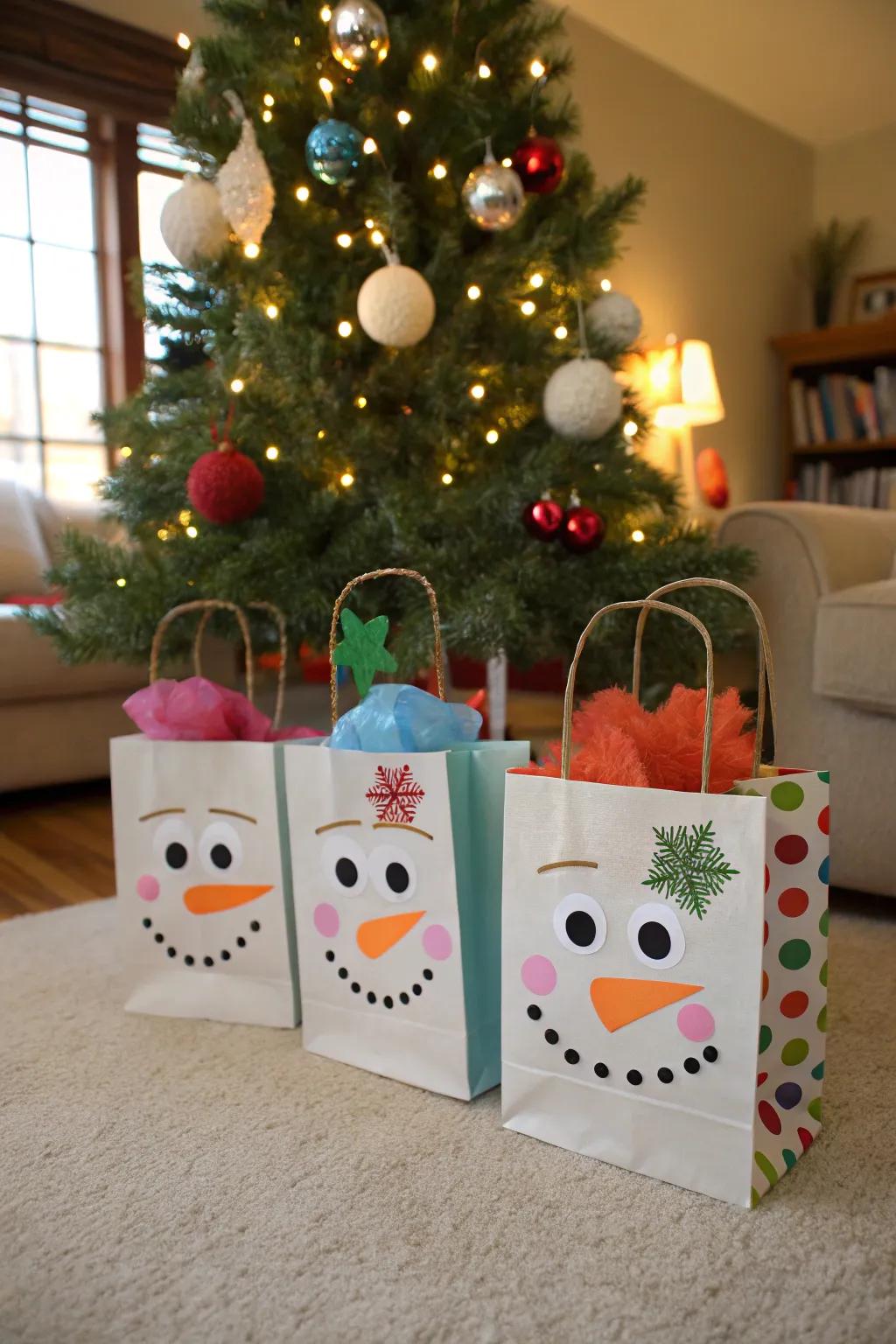 Snow figure gift sacks add charm to any present.