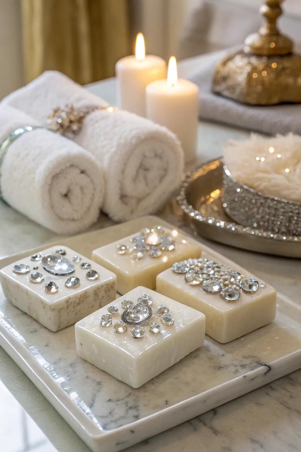 Bath bars with opulent crystal embellishments.