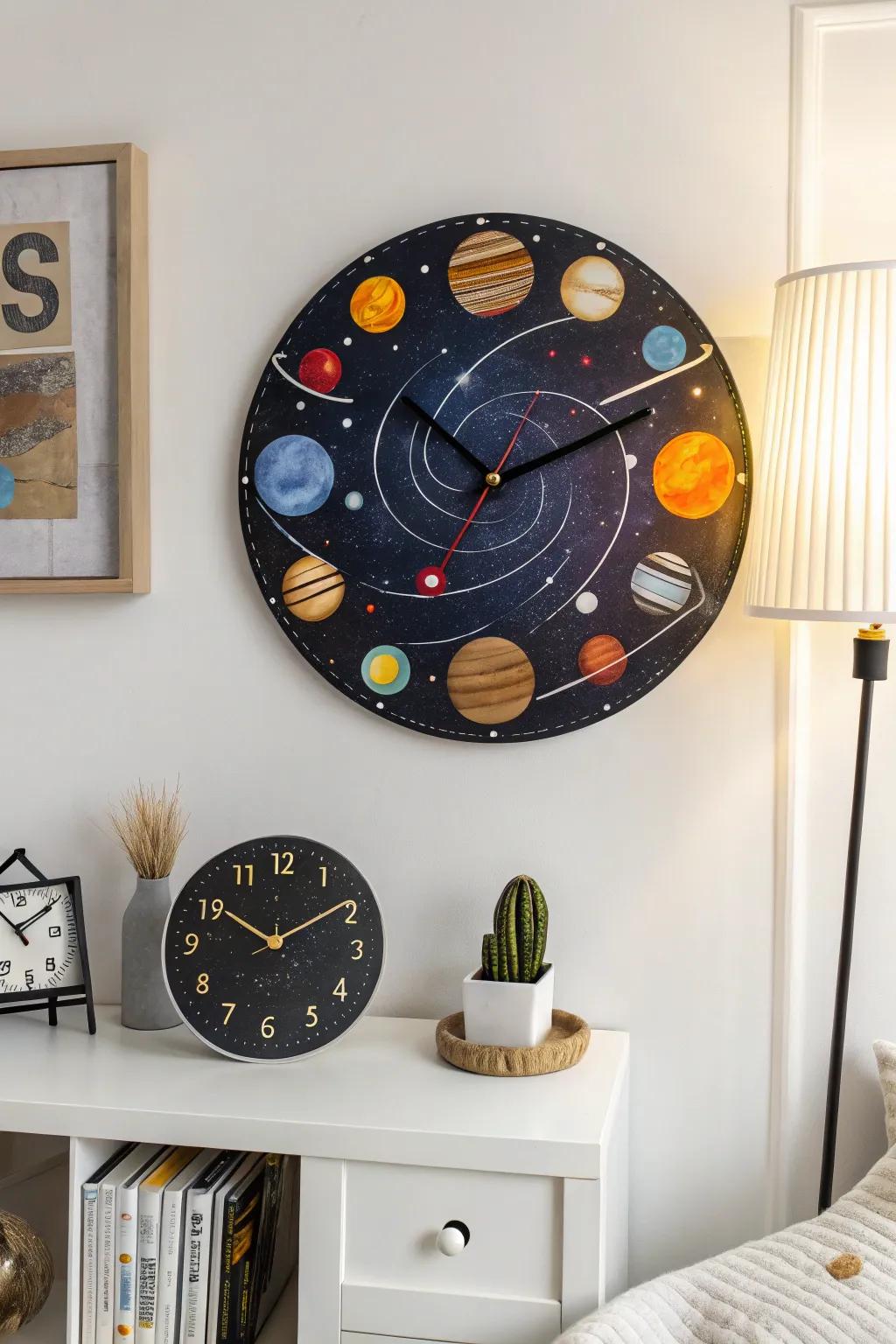 Cosmos-inspired wall clocks blend functionality with cosmos design.