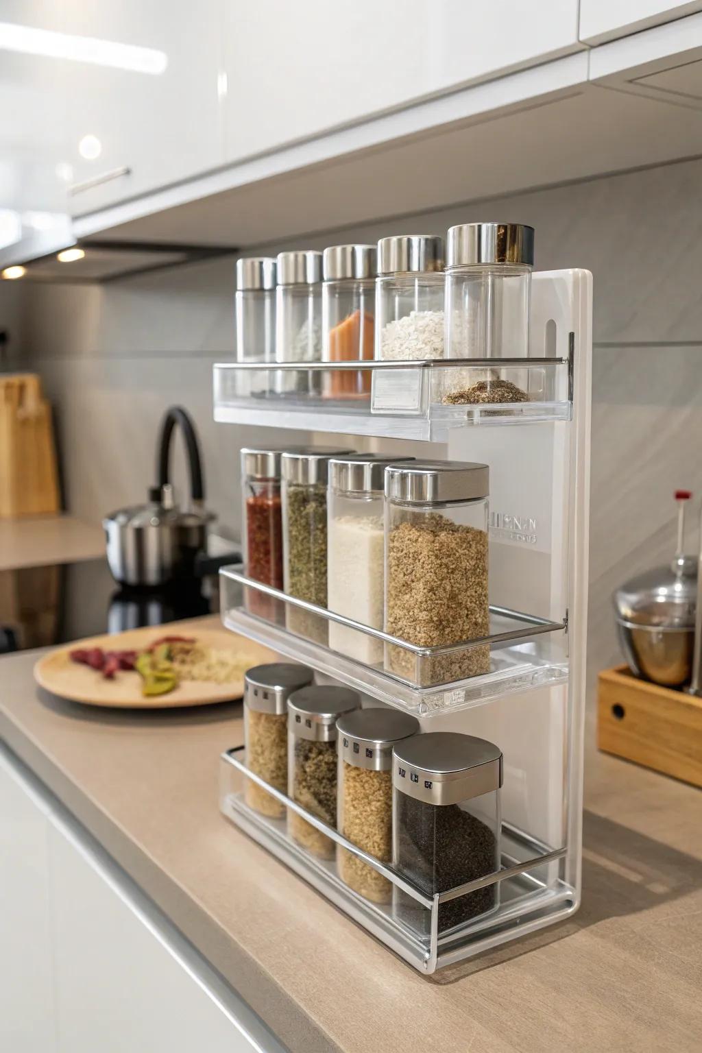 Acrylic racks provide a streamlined and contemporary spice display.
