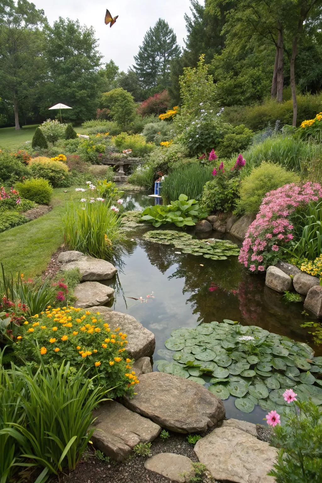 A wildlife-welcoming garden featuring indigenous flora invites avians and butterflies to visit.
