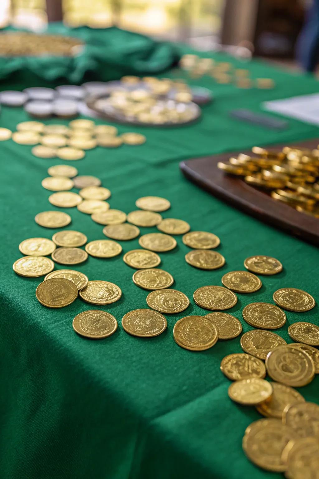 Incorporate a scattering of enchantment through gilded currency distribution.