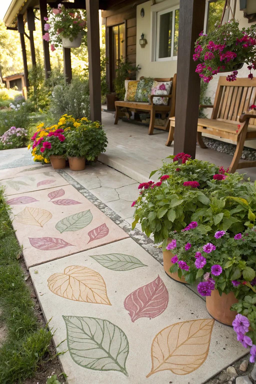A playful patio featuring quirky leaf patterns on tinted concrete.