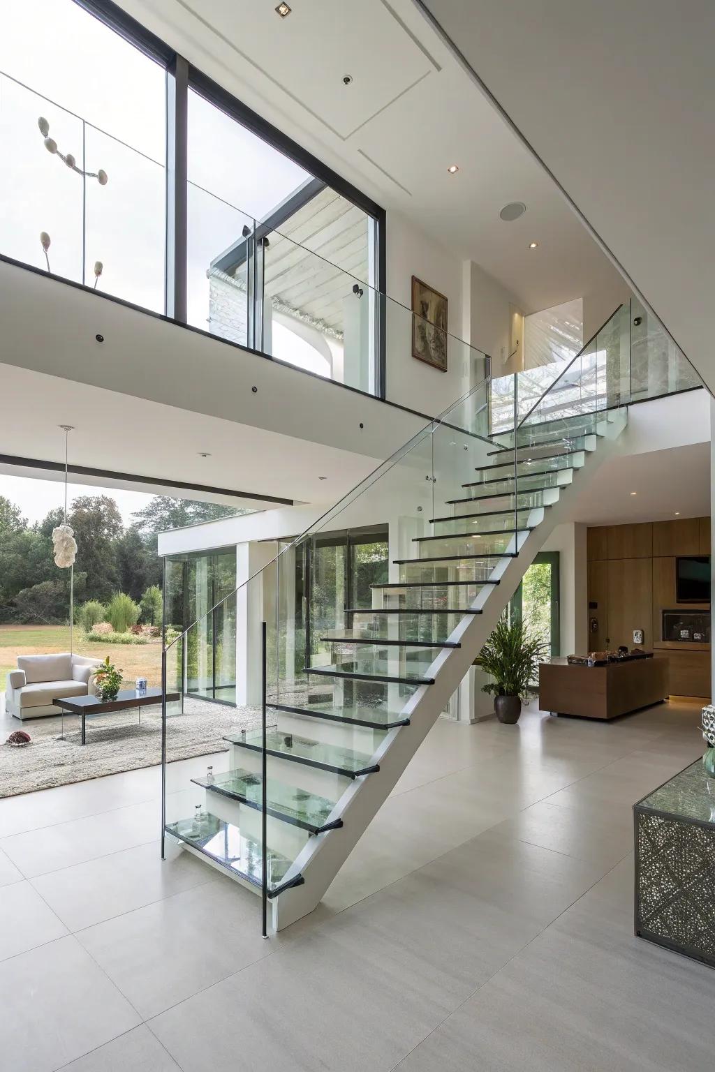 A suspended staircase can create a bold statement and incorporate a sensation of space.