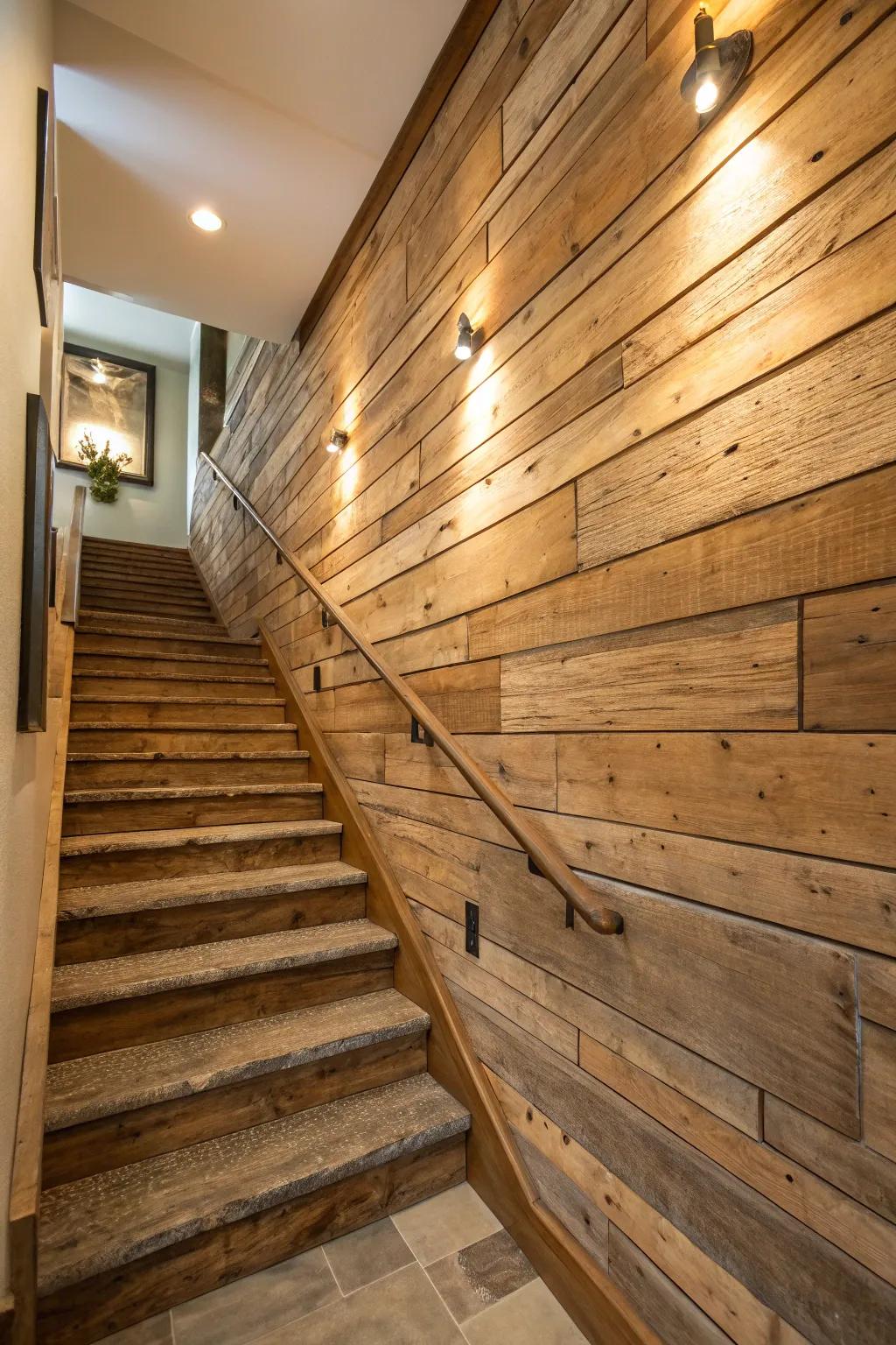 Rustic wood accents craft an inviting ambiance on staircase walls.